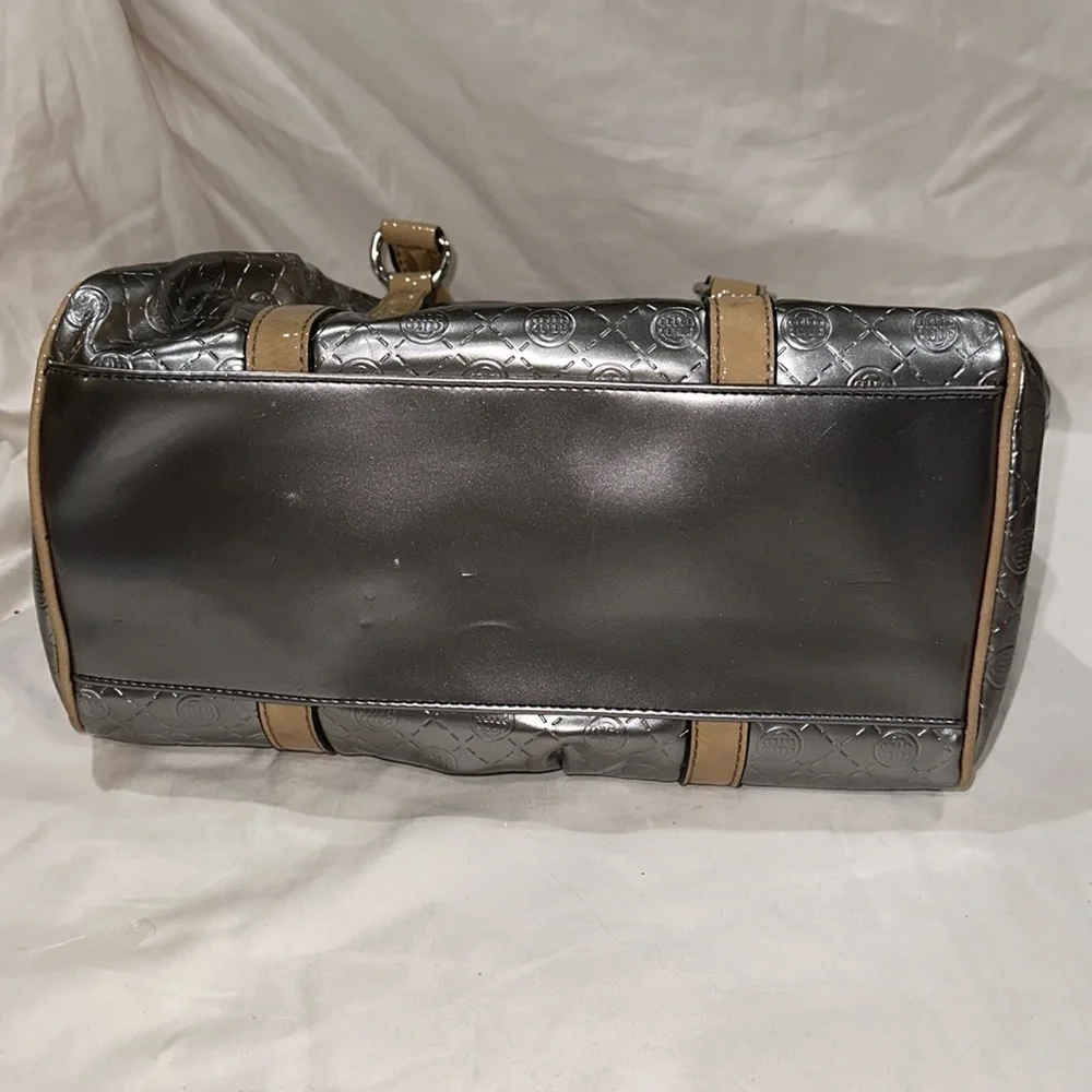 Dana Buchman gray silver satchel bag w/tan patent leather trim & handles